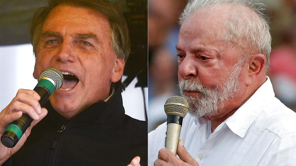 Den stærkt højreorienterede præsident, Jair Bolsonaro (tv.) og hans venstreorienterede udfordrer, tidligere præsident Luiz Inacio Lula da Silva (th.), har fra begyndelsen anslået en hård tone i valgkamp, som viser de dyne politiske kløfter i det store sydamerikanske land. <i>Mauro Pimentel, Miguel Schincari/Ritzau Scanpix</i>