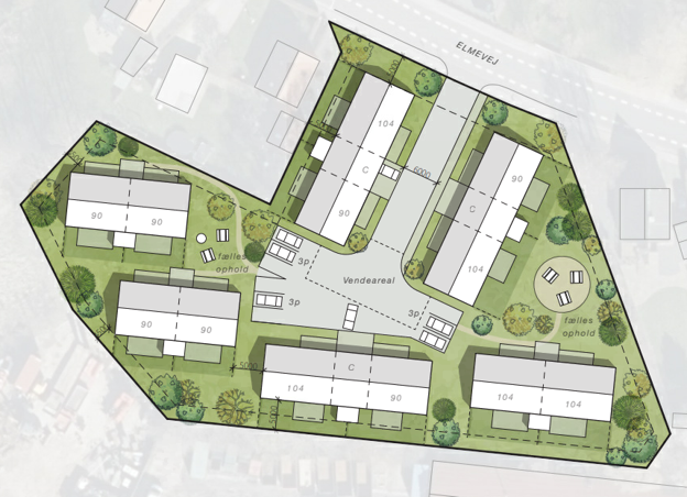 Sådan her ser en skitse over boligprojektet på Elmevej 22 ud. I alt bliver der plads til 12 boliger - fordelt på seks dobbelthuse. <i>Illustration: Arkitektfirmaet Signatura</i>