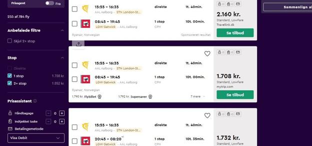 En flybillet til London i påskens helligedage kan fra Aalborg fås for omkring 1.700 kroner. Kilde: Momondo.dk