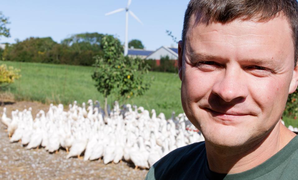 Kristian Pilgaard, der sammen med sin familie bor på Vester Krogsgaard, nyder at bruge fritiden på at passe ænder, kyllinger og kreaturer. <i>Foto: Bo Lehm</i>