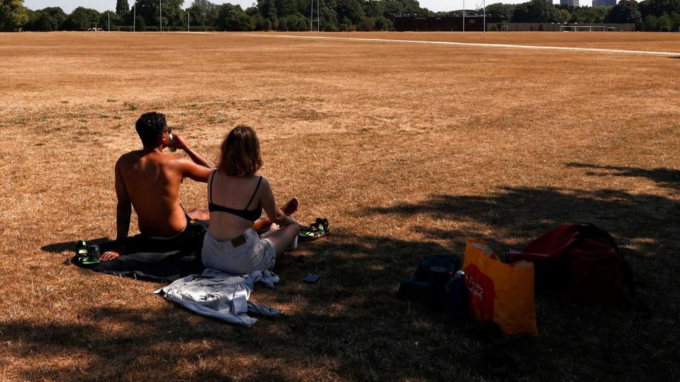 Et par hviler sig i skyggen i Hackney Marshes i London i midten af august. Store dele af England og Wales er ramt af tørke, fordi det har været sparsomt med regn hen over den usædvanligt varme sommer. <i>Carlos Jasso/Ritzau Scanpix</i>