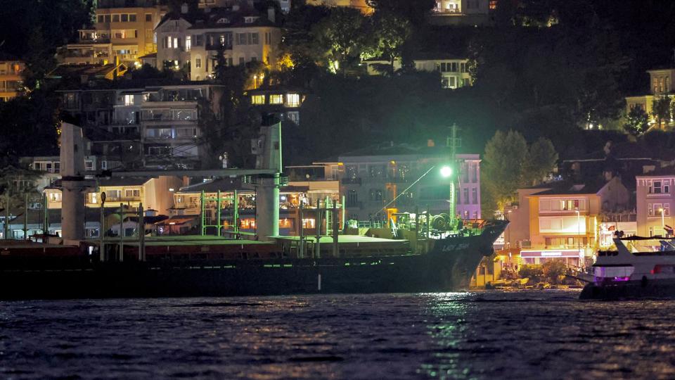 Fragtskibet "Lady Zehma", der transporterer korn fra Ukraine, ses her torsdag aften i Bosporusstrædet i Istanbul, hvor det er stødt på grund. <i>Yoruk Isik/Reuters</i>