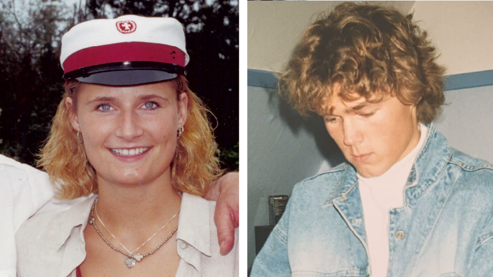 Sisse Fisker og Johannes Langkilde mindes deres tid på Hjørring Gymnasium i 90'erne i anledning af skolens 150 års jubilæum. Private fotos. <i>Redigering: Jette Klokkerholm</i>