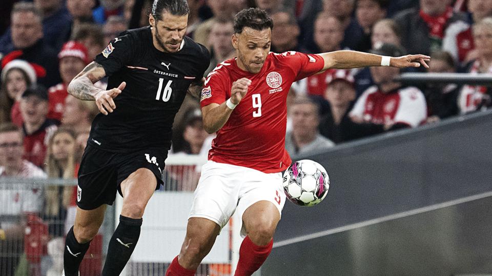 Martin Braithwaite var senest i kamp, da han var på banen for landsholdet i Nations League-kampene i juni. Her blev det til spilletid i alle fire kampe. Han er nu skiftet til Espanyol, hvor det forhåbentlig skal blive til flere minutter på banen end i FC Barcelona, hvor han kun har fået 24 minutters spilletid i hele 2022. <i>Claus Bech/Ritzau Scanpix</i>