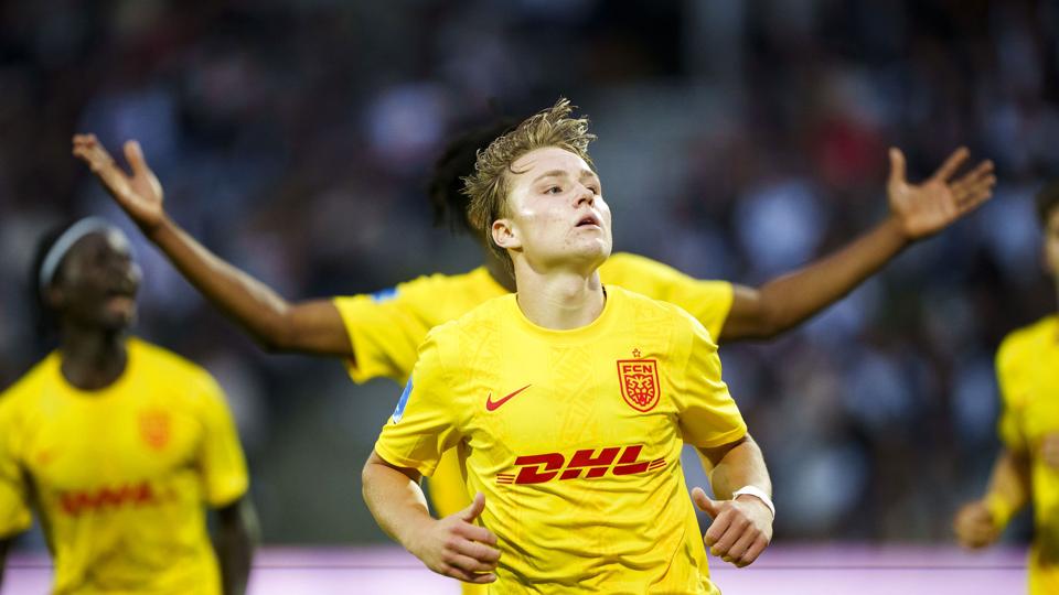 Andreas Schjelderup stod for den ene af FCN's tre scoringer i Aarhus mandag aften. <i>Bo Amstrup / Ritzau Scanpix/Ritzau Scanpix</i>