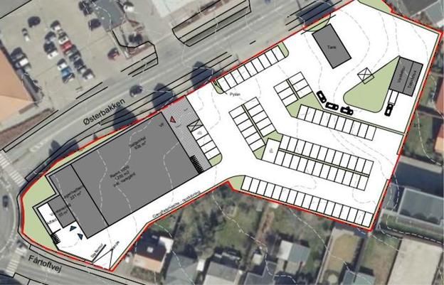 Rema 1000 vil udvide med en butik nummer to i Thisted - på Østerbakken. Skitsen viser placeringen af den kommende butik og parkeringsarealet. Illustration fra Debatoplæg, Thisted kommune