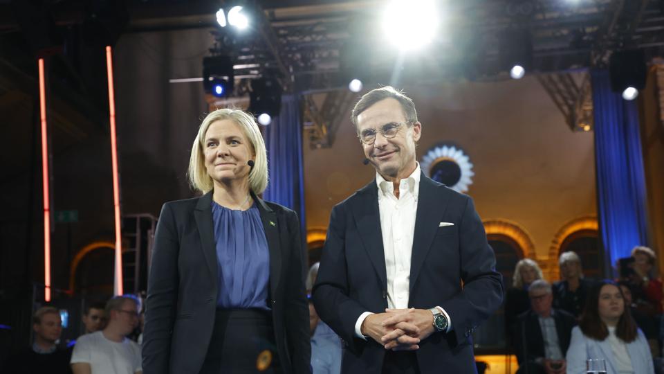 Magdalena Andersson og Ulf Kristersson mødtes onsdag i en tv-duel få dage før valget i Sverige. <i>10430 Christine Olsson/Tt/Ritzau Scanpix</i>