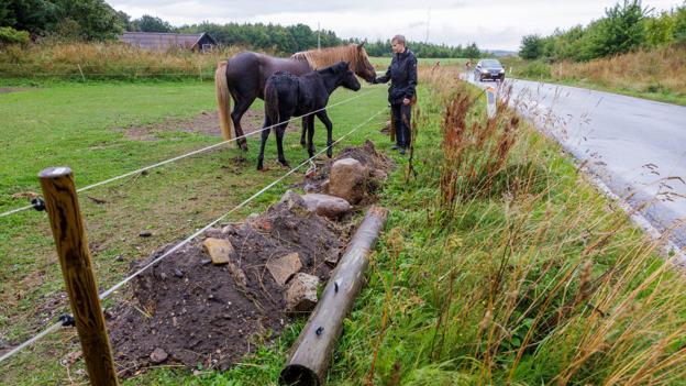 Stolpen på jorden blev væltet i forbindelse med, at bilen kørte ind over marken. <i>Foto: Henrik Bo</i>