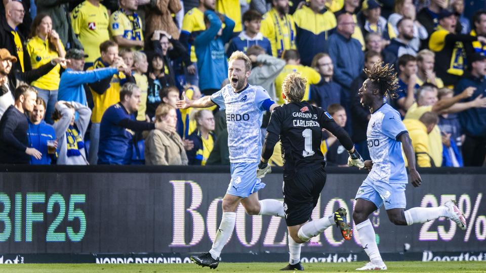 Björn Kopplin fra Randers FC kunne juble over sin 2-2-udligning i overtiden ude mod Brøndby, hvor han tidligere har spillet. <i>Martin Sylvest/Ritzau Scanpix</i>