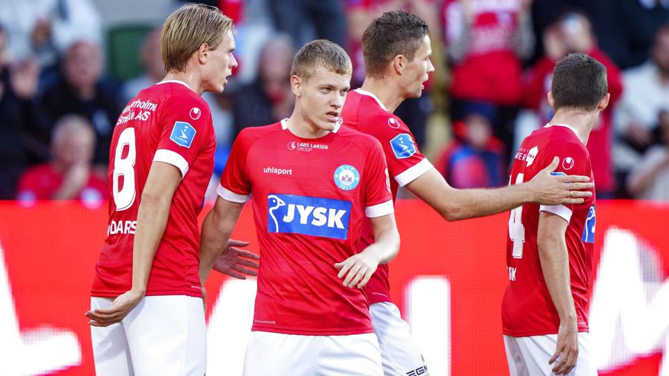 Silkeborgs spillere kunne juble, efter at Sebastian Jørgensen havde scoret til 1-0 mod AGF. Det endte med at blive det afgørende mål. <i>Bo Amstrup/Ritzau Scanpix</i>