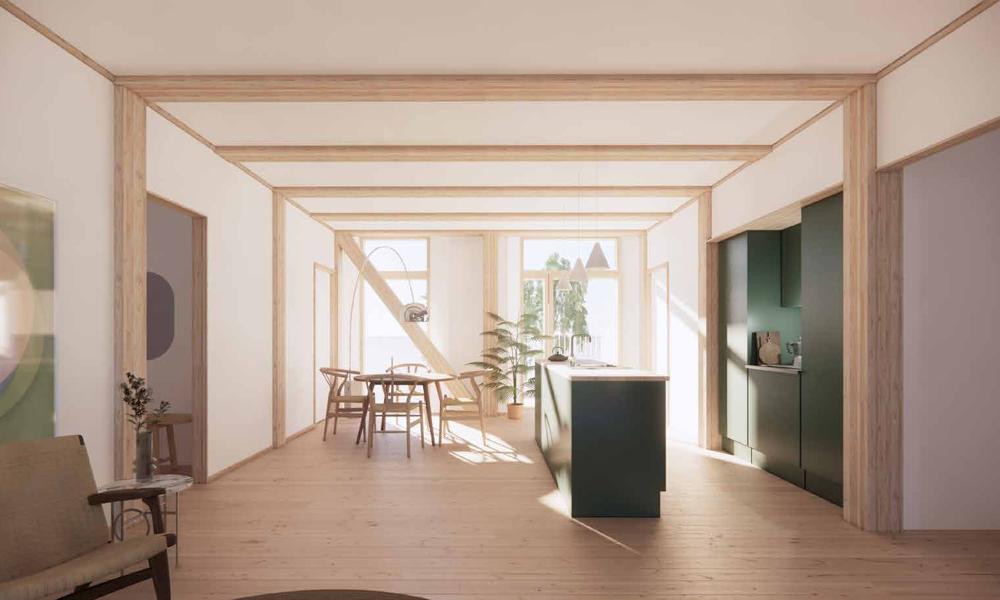En lejlighed med synlige træbjælker i Realdania By & Bygs MiniCO2 etagebyggeri TRÆ.
