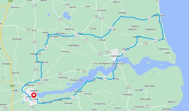 Sådan ser ruten ud til Mariagerfjord March. Du vælger selv den hal/idrætscenter, du starter ved. Kort: connect.garmin.com <i>.</i>