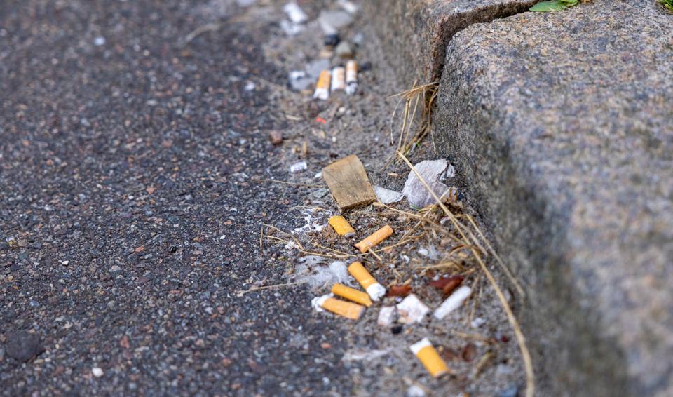 I Aalborg fylder opsamlingen af cigaretskodder meget for kommunens ansatte. Så her glæder stadsgartner Kirsten Lund Andersen sig over, at der er udsigt til at kunne opkræve tobaksproducenterne for indsatsen. <i>Foto: Martél Andersen</i>