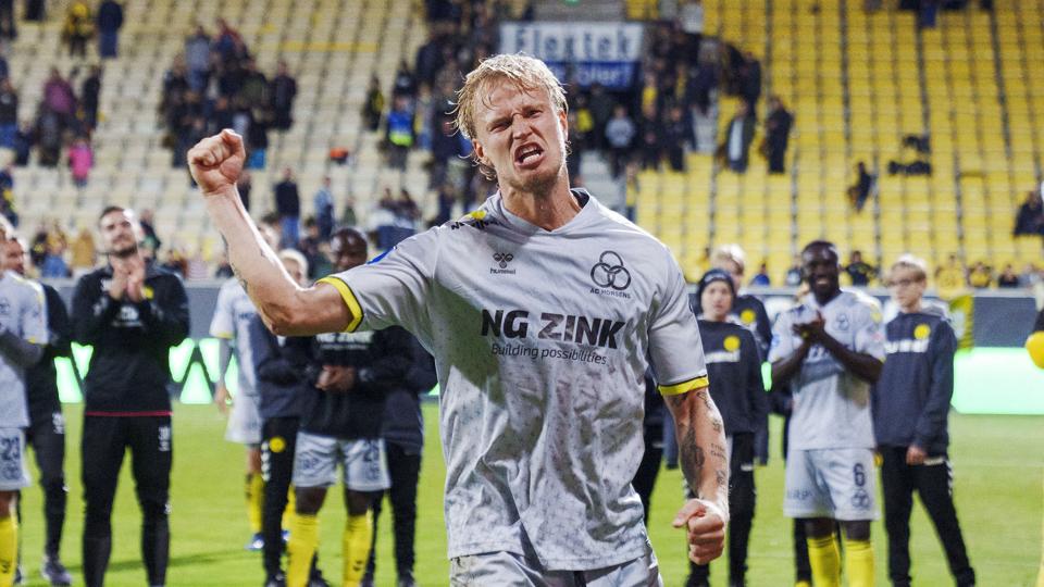 Magnus Riisgaard Jensen fejrede scoringen og AC Horsens-sejren på 1-0 over FC Nordsjælland. <i>Bo Amstrup/Ritzau Scanpix</i>