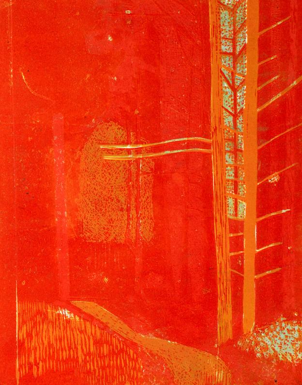 "Rød skov", linoleumstryk af Annette Brix.