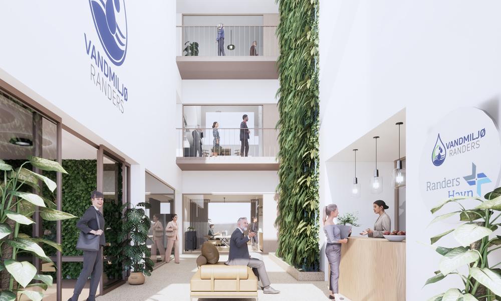 Receptionen i Vandmiljø Randers’ kontorbygning ved Ny Havnevej. Receptionen i Vandmiljø Randers’ kontorbygning ved Ny Havnevej.