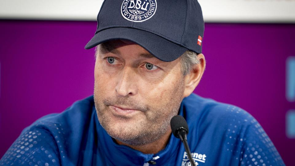 Kasper Hjulmand ses her under onsdagens pressemøde i Zagreb på Stadion Maksimir. <i>Liselotte Sabroe/Ritzau Scanpix</i>