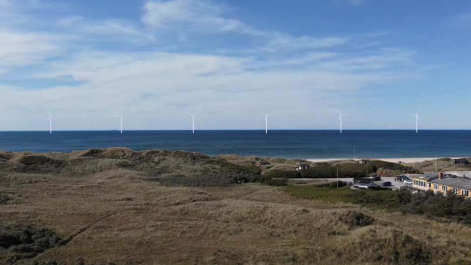 Massiv modstand mod havvindmøller. 300 meter høje vindmøller kan komme til at tage sig sådan ud ved Tornby Strand. <i>Visualisering: By+Land</i>