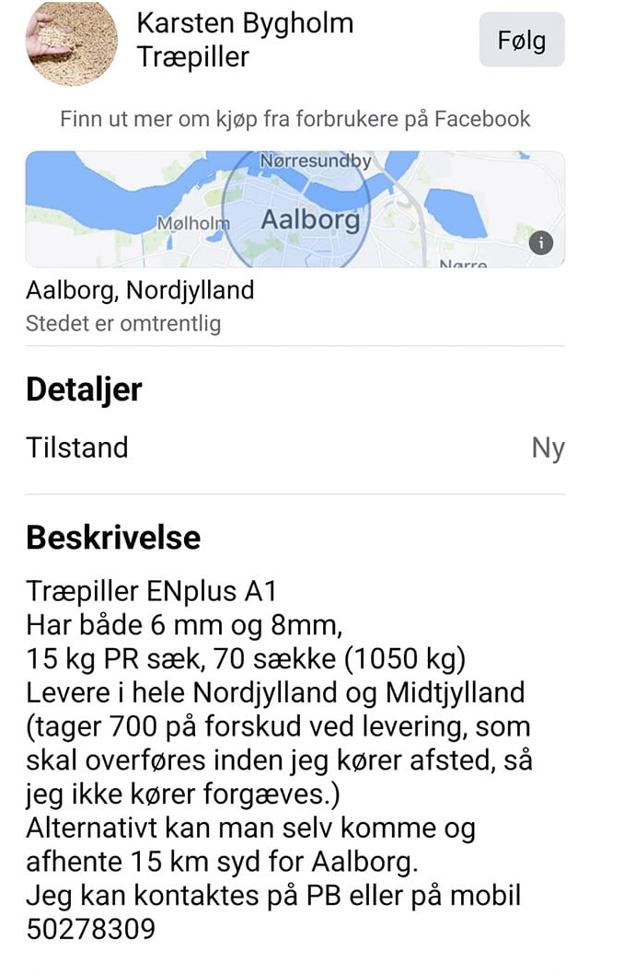 Annonce for salg af træpiller. Det er samme tekst som annoncen, hvor sælgerens navn var Kasper Bygholm. <i>Foto: Screenshot fra Facebook</i>