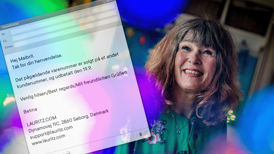 Smilet fra Maibrit Adelvigs sejr i DR Dansktoppens årskavalkade 2020 er stivnet efter hendes første - og sidste - handel på Lauritz.com. <i>Foto: Martin Damgård, grafik: Jette Klokkerholm</i>