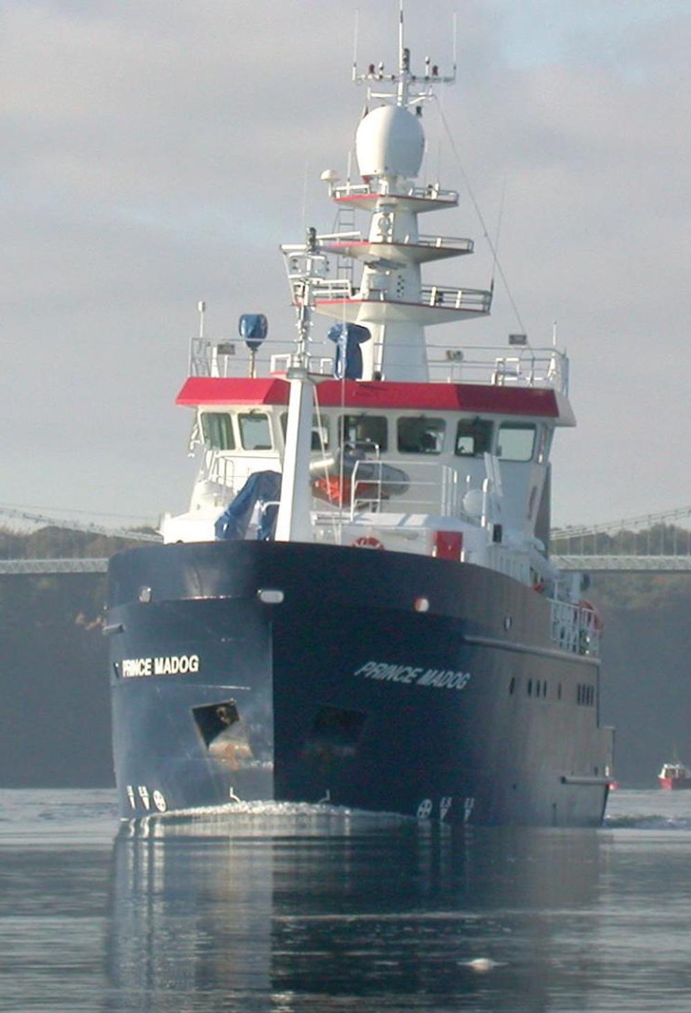 Forskningsskibet 'Prince Madog', der anvendes til ekkolodmålinger af havbunden.