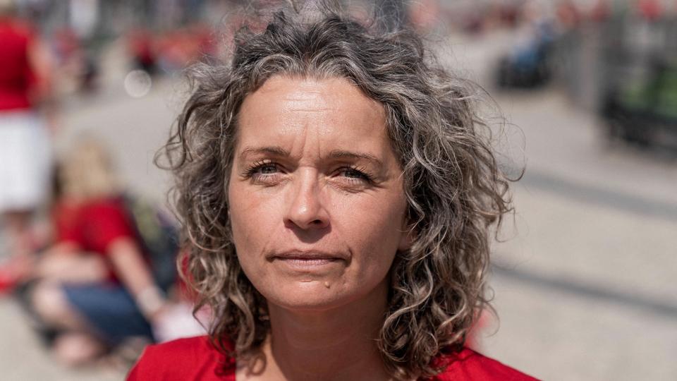 Dorthe Boe Danbjørg, næstformand i DSR, under strejken i 2021. DSR mener, at lønnen gør, at mange mænd fravælger sygeplejefaget. (Arkivfoto). <i>Mathias Svold/Ritzau Scanpix</i>
