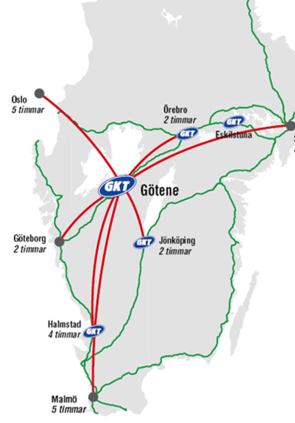 I en radius af 40o km. fra Götene kan man nå 90 procent af de svenske fødevareforbrugere. Illustration: Götene Kyltransporter. I en radius af 40o km. fra Götene kan man nå 90 procent af de svenske fødevareforbrugere. Illustration: Götene Kyltransporter.