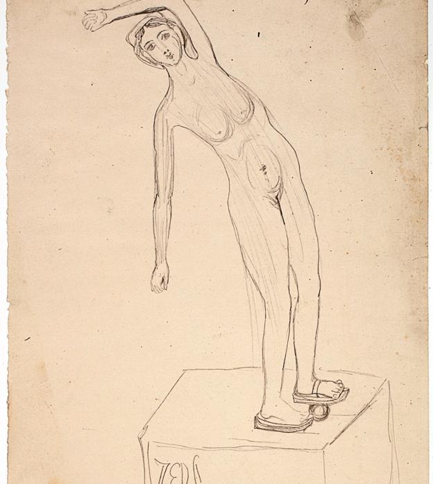 Tegning af Hill med en af hans mange figurer med bøjet krop.  <i>Foto: Malmö Konstmuseum</i>