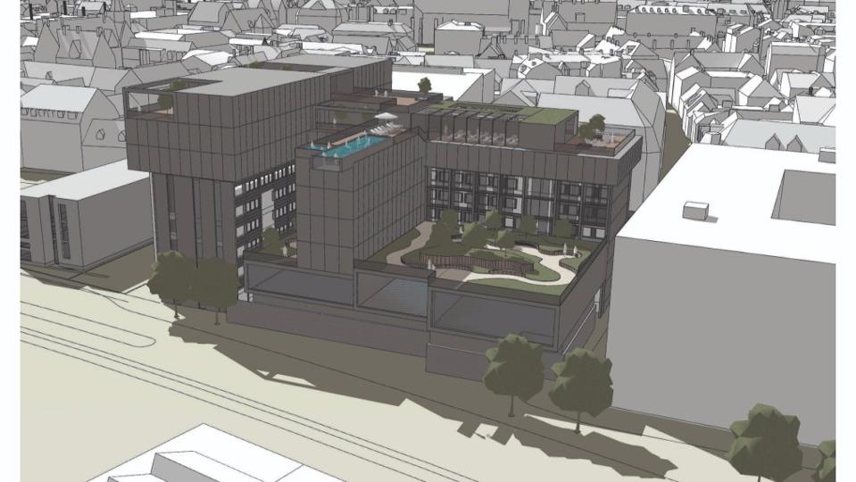 Det ny hotel bliver dobbelt så stort, som det er i dag, og det vil man især kunne fornemme på den del, der vender ud mod Strandvejen. <i>Visualisering Aalborg Kommune</i>