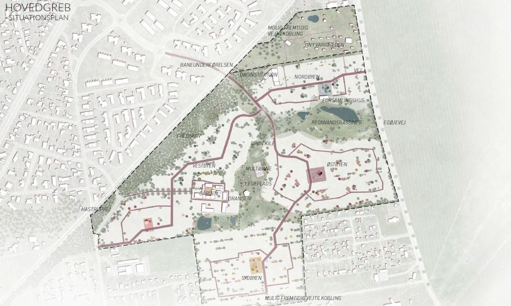 Skitse fra helhedsplanen for bydelen Ravnsborg Enge ved Køge, som bliver inddelt i fire småbyer.