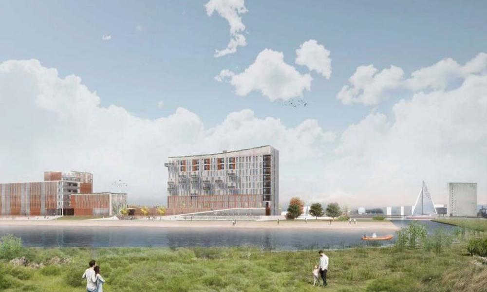 Bach Gruppens skitse til ni etager højt og 20.000 kvm stort hotel- og kontorbyggeri i Rødbyhavn. Bach Gruppens skitse til ni etager højt og 20.000 kvm stort hotel- og kontorbyggeri i Rødbyhavn.