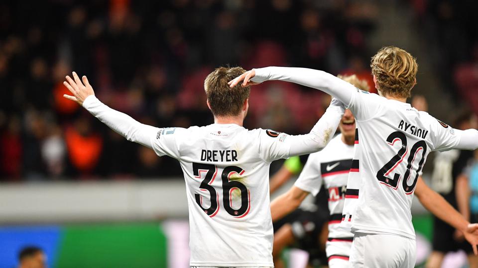 Anders Dreyer scorede begge FC Midtjyllands mål i sejren over Sturm Graz. <i>Ernst Van Norde/Ritzau Scanpix</i>