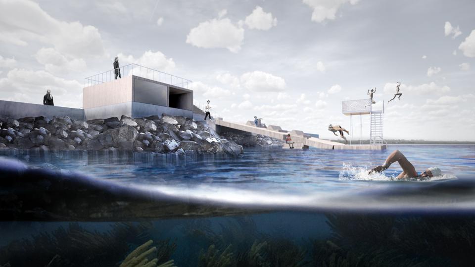 Projektet Glyngøre Maritime Center består af en ny, 250 meter lang ydermole, som ikke alene giver plads til flere lystbåde i havnen, men også giver mulighed for masser af aktiviteter ved vandet. <i>Visualisering: JAJA Architects</i>