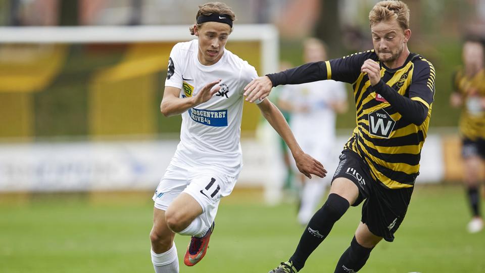 Mathias Damgaard (til højre) og Aarhus Fremad lever stadig i pokalturneringen. (Arkivfoto). <i>Mikkel Berg Pedersen/Ritzau Scanpix</i>