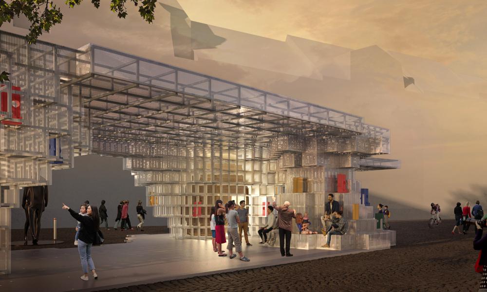 De indledende visioner for designet af Planetary Plastic Pavilion, som skal opføres på Gammel Strand i sommeren 2023.