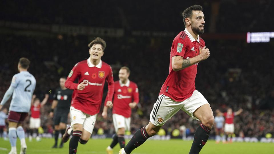 Bruno Fernandes efter sin scoring til 3-2. <i>Dave Thompson/Ritzau Scanpix</i>