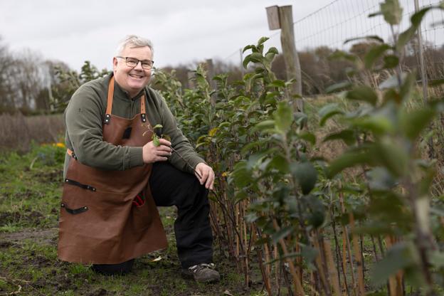 Christian Bak har besluttet at donere 75 træer til nyfødte i år. De bliver dog først udleveret næste år, når de har vokset sig store nok til at forlade plantagen. <i>Foto: Claus Søndberg</i>