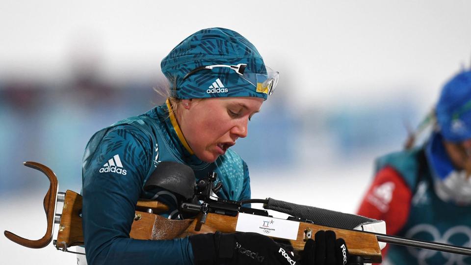 Anastasiya Merkushyna befinder sig i øjeblikket i Sverige, hvor hun i weekenden deltager i den svenske sæsonåbning i skiskydning i Idre. Hun er dog parat til at forlade Sverige med kort varsel. (Arkivfoto). <i>Franck Fife/Ritzau Scanpix</i>