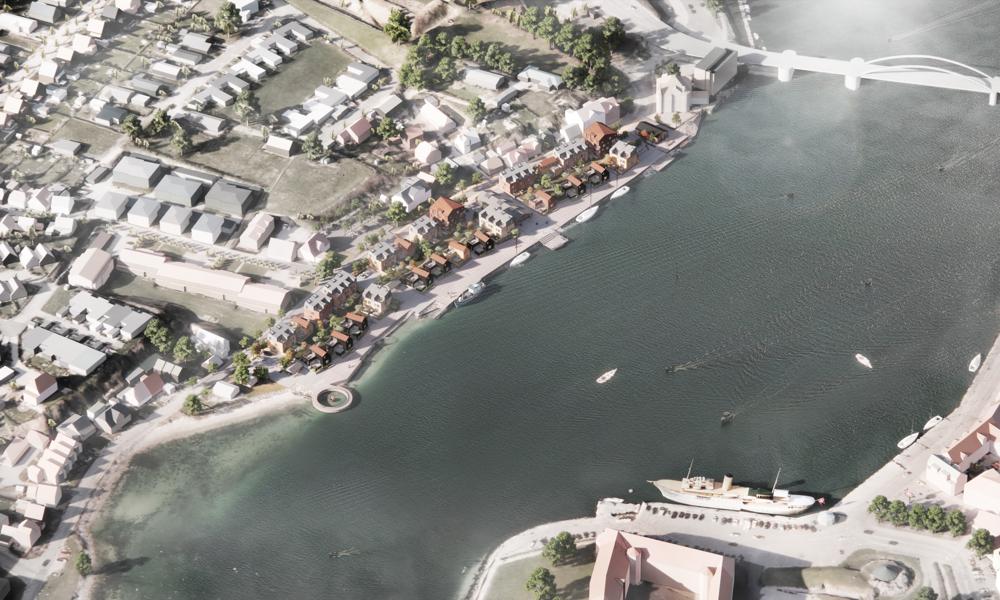Vandkunstens forslag til Sundgade i Sønderborg indeholder tre klynger af boliger samt offentlige arealer som en havnepromenade, en fisketrappe og en udsigtsring.