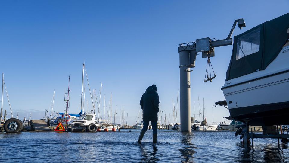 Vandstanden i Sydjylland er forhøjet med op til 90 centimeter tirsdag. På billedet ses resultatet af stormen Malik, som blandt andet ramte Vedbæk Havn i begyndelsen af året. (Arkivfoto). <i>Søren Bidstrup/Ritzau Scanpix</i>