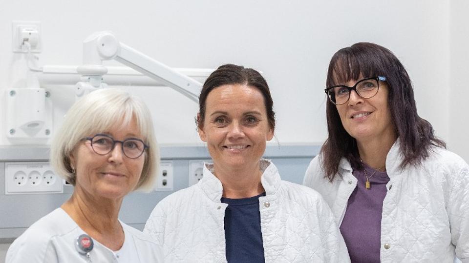 Fra venstre sygeplejeske Helle Olesen, sygeplejeske med særlig klinisk funktion Tina Heilesen samt afsnitsledende sygeplejerske Christina Østergaard, som alle arbejder på afdelingen for kvindesygdomme, graviditet og fødsel på Regionshospital Nordjylland i Hjørring. <i>Foto: Lene Pedersen</i>