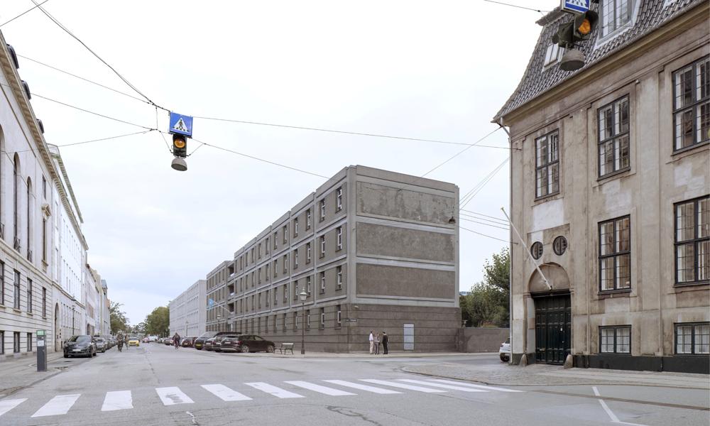 På billedet ses den eksisterende bygning Amaliegade 44, der er tegnet af artikekterne Eva og Nils Koppel og opført i sidste halvdel af 1970’erne som toldkammerbygning for Direktoratet for Toldvæsenet.