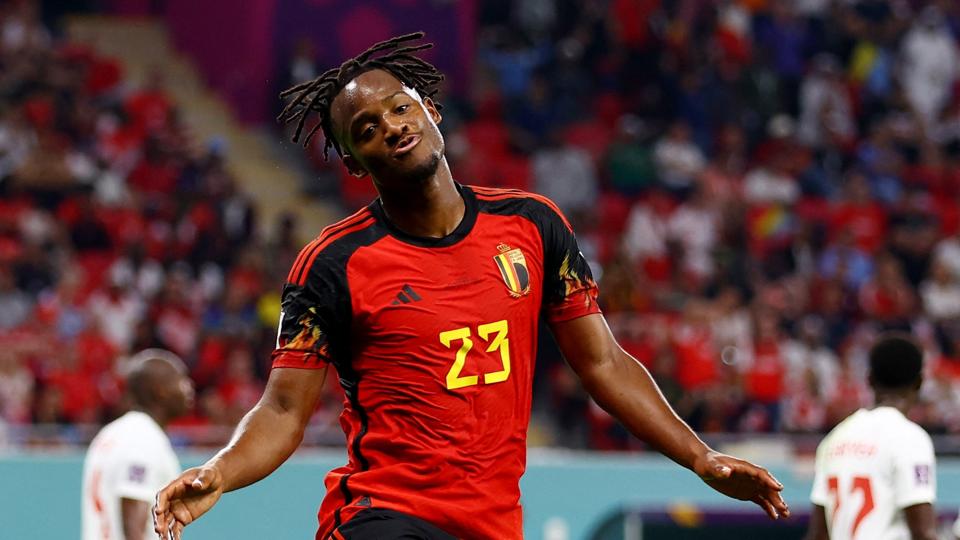 Michy Batshuayi spillede ingen stor kamp, men blev matchvinder med sit 27. landskampsmål i optræden nummer 49. <i>Siphiwe Sibeko/Reuters</i>