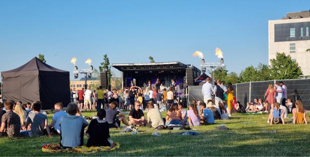 Arrangørerne gik efter festivalstemning til sommerfesten på AAU, hvor de studerende kunne sidde på tæpper i græsset og høre livemusik. <i>Privatfoto</i>