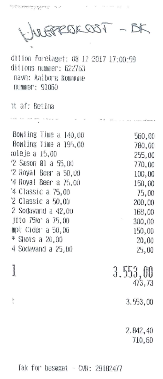 Søren Thorst betalte for bowling til julefrokosten i borgmesterens forvaltning. 1765 kroner gik til alkohol. <i>Aalborg Kommune</i>