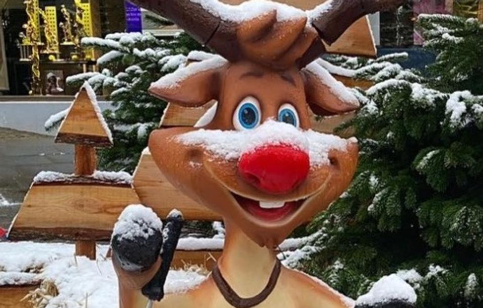 Et rensdyr på ski, som blev stjålet fra sin retmæssige plads i Nykøbings gågade, er i god behold. <i>Privatfoto</i>