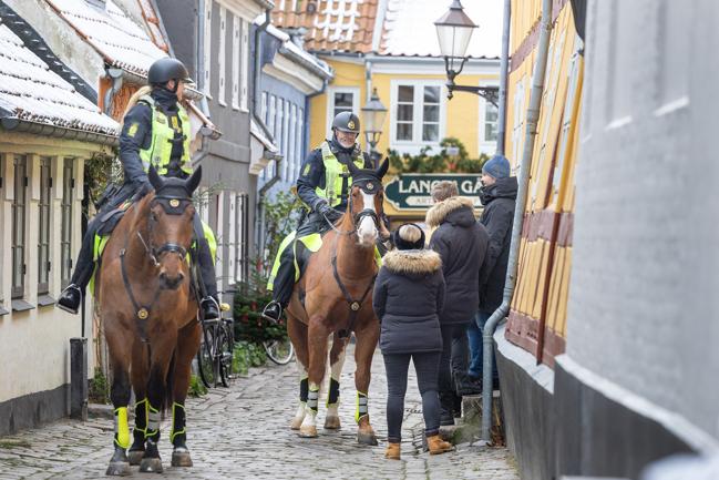 To betjente - og heste - fra København kommer til Aalborg fredag og lørdag for at patruljere i Aalborg Midtby. 
Her er de i Hjelmerstald
Aalborg 9.december 2022.