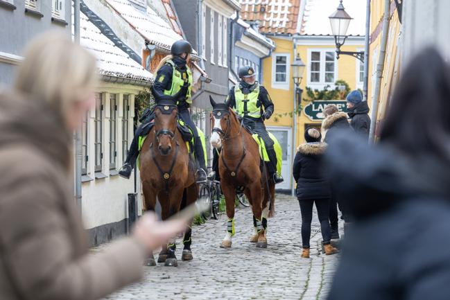 To betjente - og heste - fra København kommer til Aalborg fredag og lørdag for at patruljere i Aalborg Midtby. 
Her er de i Hjelmerstald
Aalborg 9.december 2022.