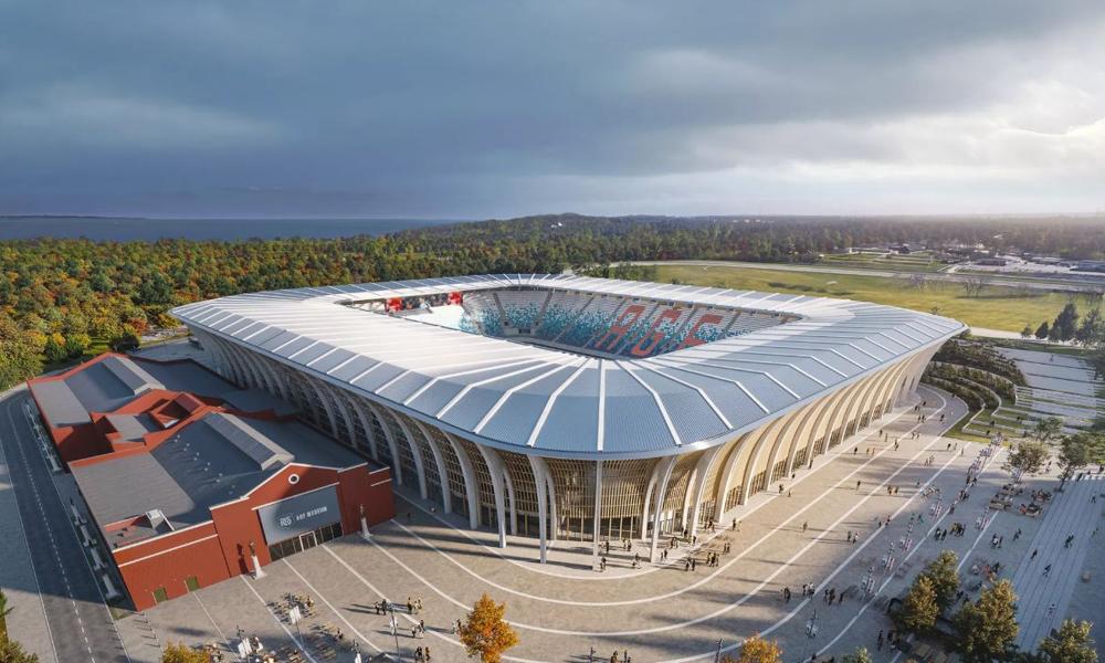 Det nye stadion for enden af Stadion Allé i Aarhus får plads til op til 24.000 tilskuere og forventes åbnet i juli 2026.