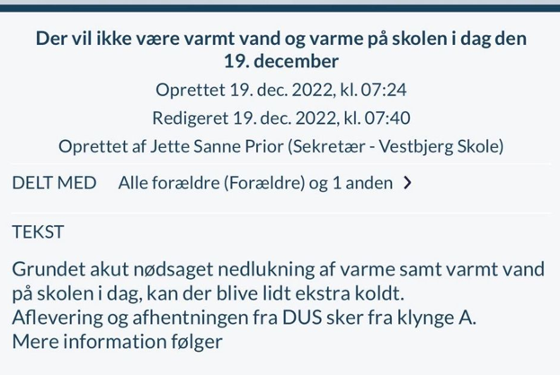 Besked fra AULA om den akutte nedlukning på Vestbjerg Skole <i>Privatfoto</i>